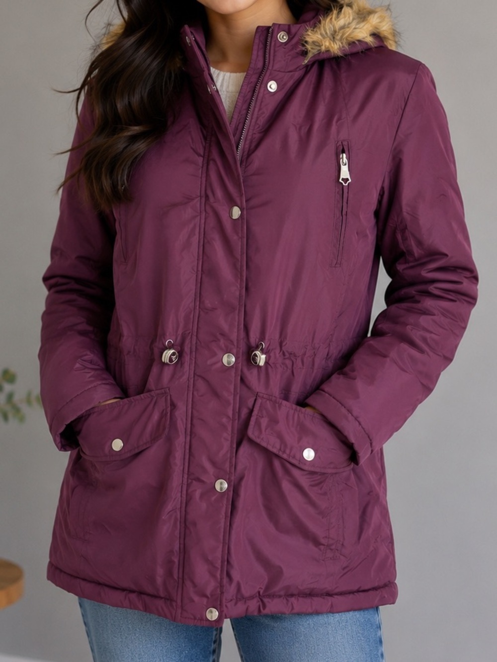 Big Chill Plum Faux Fur Hooded Winter Parka Jacket Size Small